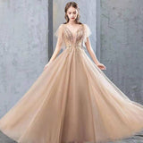 A Line V Neck Tulle Long Prom Dress, Evening Dress with Beading PH1800