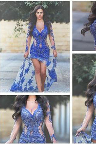 Sexy V-Neck Backless Royal Blue Long Sleeves Lace Applique Sheer Split Prom Dress