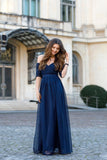 Sexy Off-the-Shoulder Chiffon Half Sleeve Sweetheart Navy Blue Floor Length Prom Dresses uk PH238