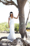 Beach A-Line Cap Sleeves Backless Lace Summer Scoop Open Back Ivory Wedding Dress PM700