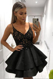 A Line V-Neck Lace Layered Black Top Lace Short Homecoming Dresses with Spaghetti Straps H1188