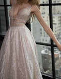 A-Line Deep V-Neck Court Train Open Back Champagne Sequined Prom Dress with Beading PM82