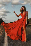 Elegant Red Sexy Simple Deep V neck Soft Side Split Chiffon Sleeveless Prom Dresses UK PH451