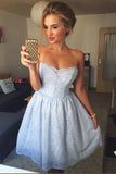 A-Line Sweetheart Knee Length Strapless Sleeveless Blue Lace Homecoming Dress uk PH802