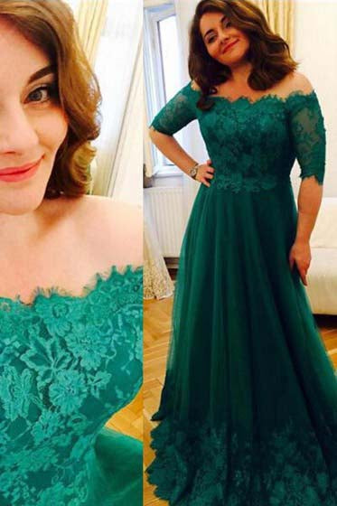 A-line Off-the-Shoulder Floor-Length Tulle with Appliques Lace Half Sleeve Prom Dresses uk PM623