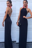 New Arrival Modest Halter Criss-Cross A-Line Long Navy Blue Sleeveless Prom Dresses uk PM616