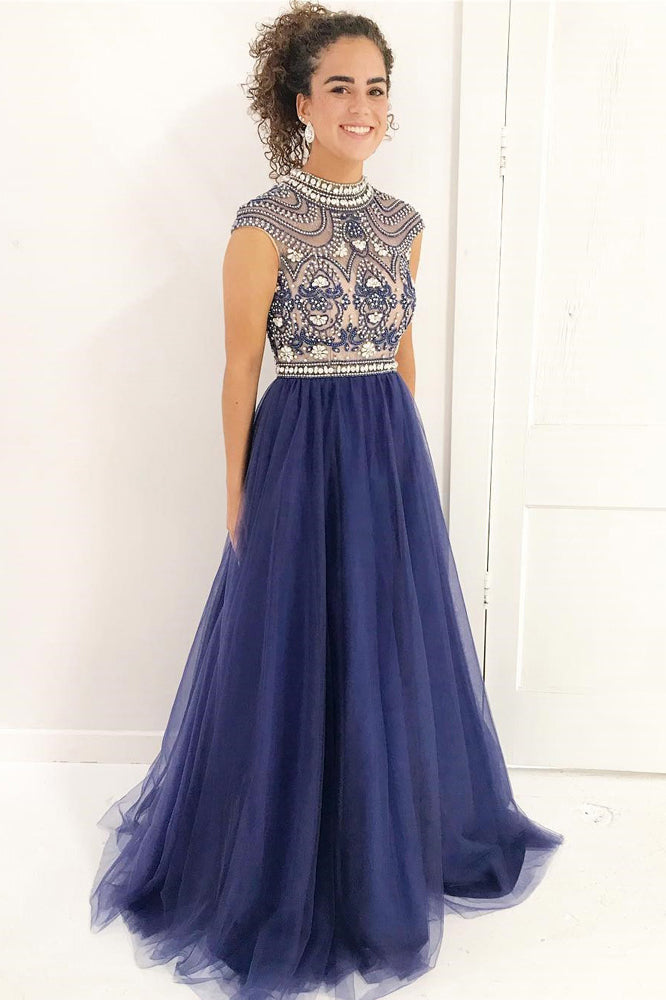 Vintage Stylish A-Line High Neck Cap Sleeves Navy Blue Beaded Lace Tulle Prom Dresses UK PH296