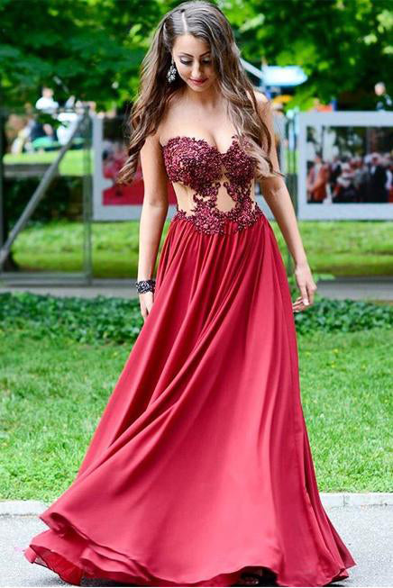 Sweetheart Appliques Beading Strapless Red A-Line Chiffon See-through Fashion Prom Dresses uk PH247