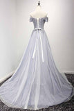 Dusty Blue A-Line Off-the-Shoulder Tulle Lace up Prom Dresses uk with Appliques Lace PM956
