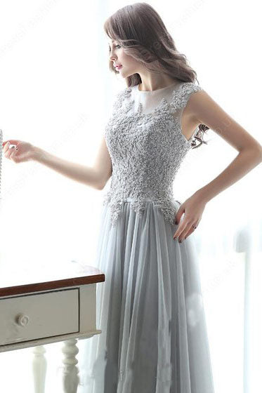 Modest Scoop Neck Tulle Pearl Detailing Lace-up Floor-length Sleeveless Prom Dresses uk PM632
