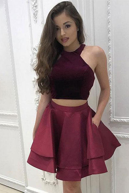 A-Line Two Pieces Scoop Short Satin Burgundy Halter Above Knee Homecoming Dress PM300