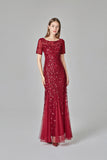 Elegant Mermaid Burgundy Tulle Prom Dresses Round Neck Long Evening Dresses XU90801