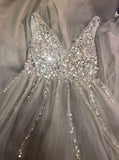 Shiny A-line V-Neck Beading Long Prom Dress Evening Gowns With High Slit