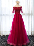 Off The Shoulder Half Sleeve Appliques Red Tulle Prom Dresses