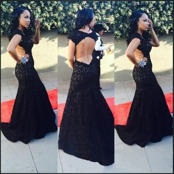 Mermaid High Neck Backless Lace Black Evening Dress