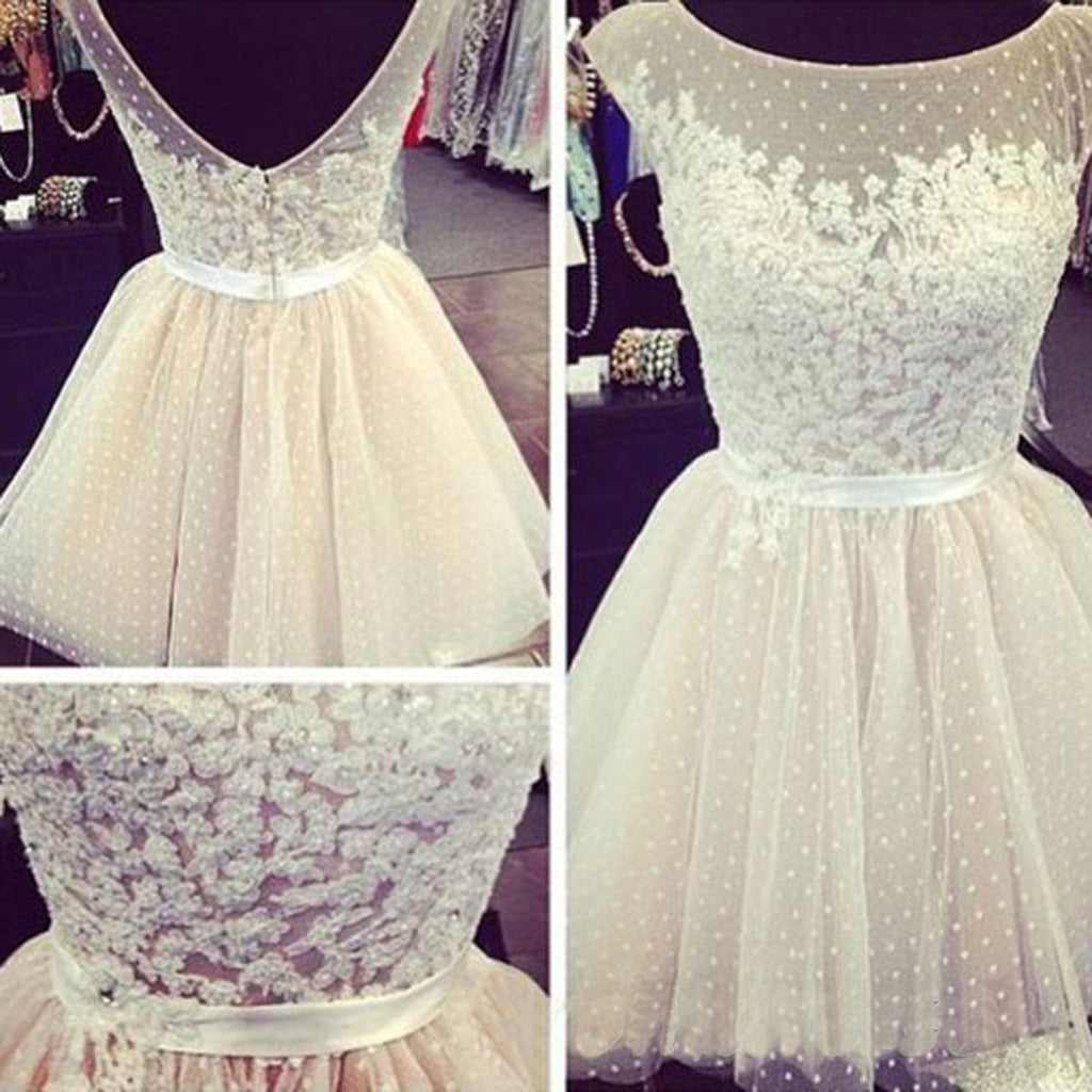 A Line Cap Sleeve Appliques Tulle V Back Homecoming Dresses
