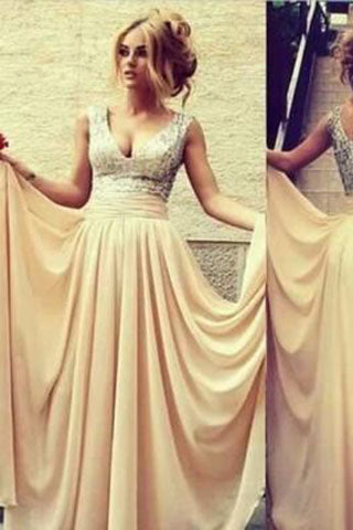 Champagne Chiffon Off the Shoulder V-Neck Sequin Beads Long Prom Dress