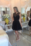 A Line Black Lace Cute Scoop Cap Sleeve Open Back Homecoming Dress