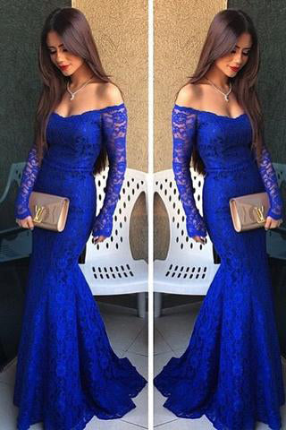 Royal Blue Lace Long Sleeves Sexy Prom Dress for Teens PM389