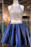 Two Piece Navy Blue Bling Beading Short Prom Dress Homecoming Dress