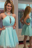 Light Blue A Line Halter Short Homecoming Dress