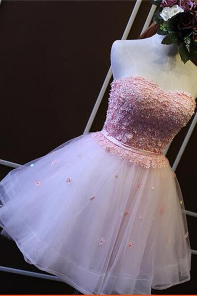 Pretty Appliques Strapless Lace-up Sexy Charming Cheap Tulle Beading Homecoming Dress PM221