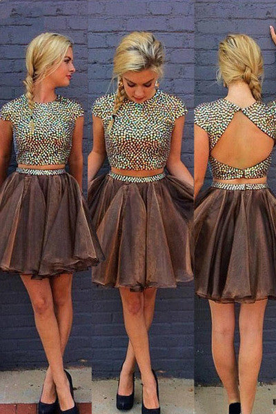Two Piece Beading Cap Sleeves Open Back Chocolate Short Homecoming Dress