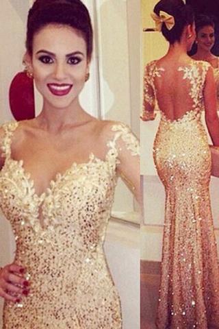 Mermaid Gold Sweetheart Long Sleeves Appliques Backless Evening Dress