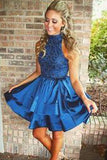 Pretty A Line Above-knee High Neck Beaded Dark Blue Backless Short Homecoming Dresses