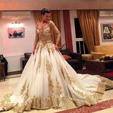 Gold Lace Long Sleeves V-Neck Beading Chapel Train Ball Gown Wedding Dresses,F292