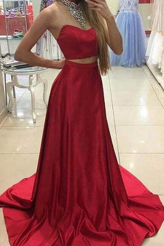 Fabulous Two Piece Red Halter Sleeveless Sweep Train Beading Prom Dress