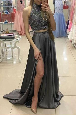 Two Pieces Sparkly Beaded Gray Front Split Long Prom Dresses