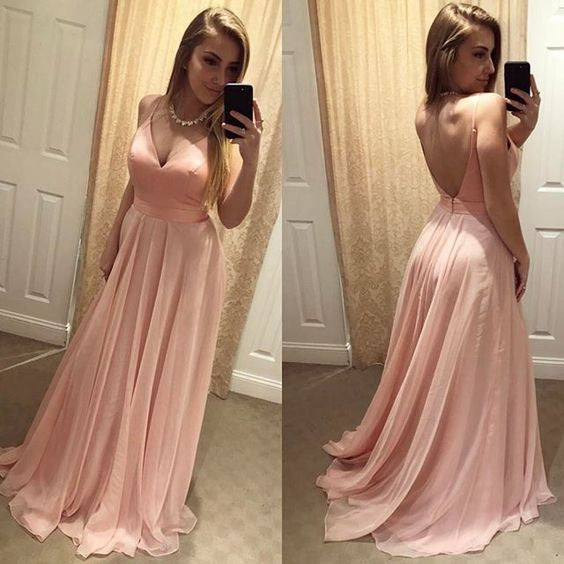 Sexy Blush Pink Backless V-Neck Spaghetti Straps Long Prom Dress