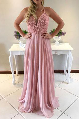 Charming A Line Spaghetti Straps Sweetheart Pink Long Chiffon Prom Dress PM426