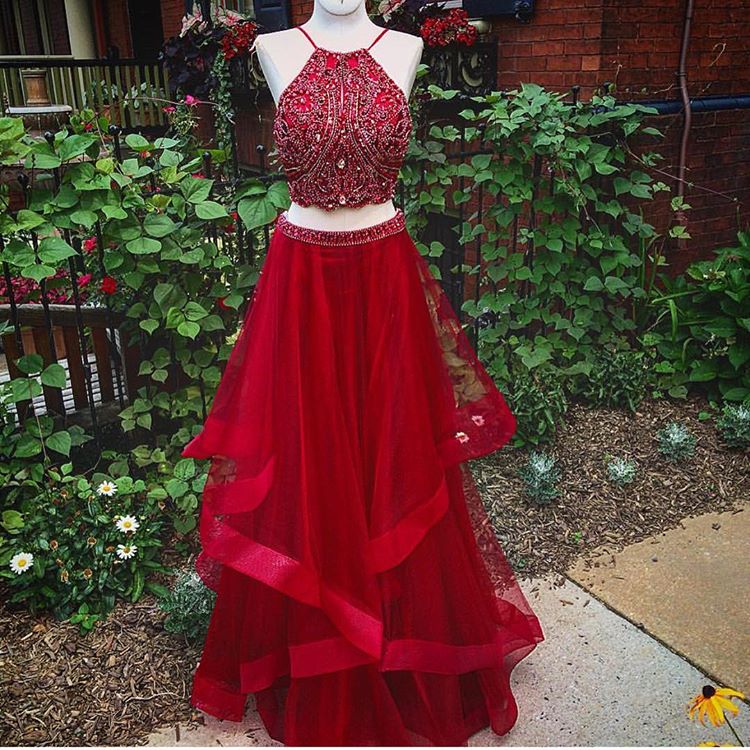 Two Piece Beading Tulle Ruffles Long Prom Dress