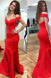 Elegant Mermaid Red Off Shoulder Satin Corset Open Back Prom Dress