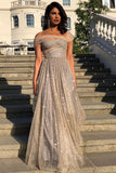 Sparkly A Line Off the Shoulder Prom Dresses with V Back, Long Dance Dresses P1419