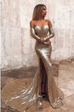 Sexy Mermaid Off the Shoulder Sequins Long Sleeves Prom Evening Dress with Split P1441