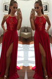 Sexy Unique Red A-Line Halter Split-Front Evening Dress,Chiffon Sleeveless Long Prom Dresses uk PH253