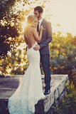 Charming Spaghetti Straps Lace Backless Off White Mermaid Wedding Dresses W1113