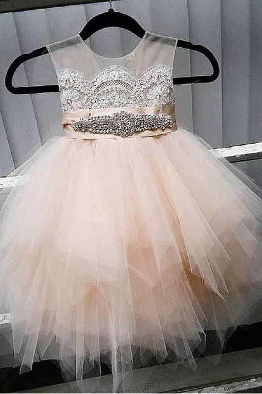 A-Line Tulle Beads Appliques Scoop Blush Pink Button Cap Sleeve Flower Girl Dresses PM888