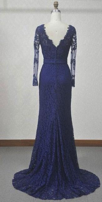 V-Neck Navy Blue Lace Mermaid Long Sleeves Open Back Floor-length Prom Dresses uk PM310