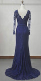 V-Neck Navy Blue Lace Mermaid Long Sleeves Open Back Floor-length Prom Dresses uk PM310