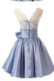 A Line Scoop Short Taffeta Blue Homecoming Dress With Bowknot PM478