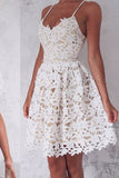A-Line Spaghetti Straps Lace up Ivory Lace Short Sleeveless Sweet 16 Cocktail Dress PH744