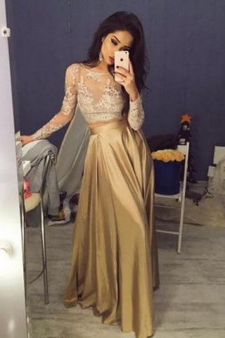 Elegant Long Sleeves Stain Lace Gold A Line Two Piece Prom Dresses
