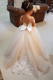Ball Gown Round Neck Light Champagne Tulle Bowknot Flower Girl Dress with Appliques PM770