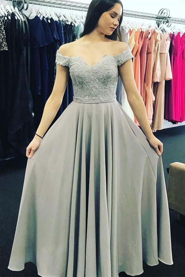 A-Line Off-the-Shoulder Open Back Sweetheart Grey Chiffon Prom Dresses uk with Appliques PH229