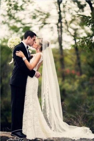Alencon Applique Lace Trim Bridal Veil Long Tulle Wedding Veil PH870