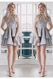 A Line V Neck Backless Satin Beaded Grey Spaghetti Straps Lace Homecoming Dresses uk PH921